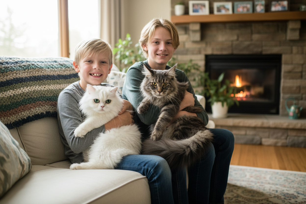 2 blonde Jungs mit weißer Perserkatze und grau getigerter Maine Coon