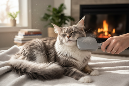 Grau-weiße Maine Coon bei der Fellpflege