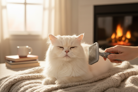 Weiße Perserkatze genießt Fellpflege